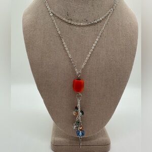 Silver tone coral chunk and blue crystal tassel beaded necklace